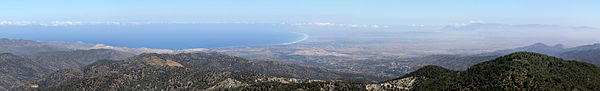 Panoramic view of the Güzelyurt District, and Morphou Bay as seen from the Troodos mountains.