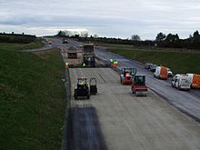 Sub-base layer composed of cement-based material being applied during construction of the M8 motorway in Ireland Motorway construction in Ireland.JPG