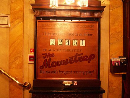 The wooden counter in the foyer of St Martin's Theatre showing 22,461 performances of The Mousetrap (pictured in November 2006)
