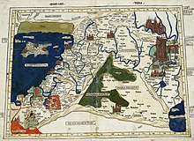מפת ארץ ישראל והסהר הפורה לפי הגאוגרף היווני תלמי. הוצאה מהמאה ה-15. מתוך אוסף המפות ע"ש ערן לאור, הספרייה הלאומית