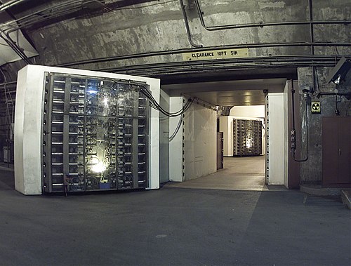 The 25-ton blast door in the Cheyenne Mountain nuclear bunker is the main entrance to another blast door (background) beyond which the side tunnel branches into access tunnels to the main chambers.