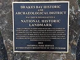 National Historic Landmark commemorating Sir Francis Drake, Sebastian Rodriguez Cermeno, and Coast Miwok people at Point Reyes, California NPS Plaque IMG 1136.jpg
