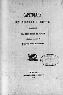 Filippo Nani Mocenigo, Capitolare dei signori di notte, 1877 Nani Mocenigo, Filippo - Capitulare Dominorum de nocte, 1877 - BEIC 14511615.jpg