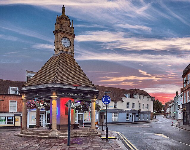 Newbury clock tower at sunset in 2018