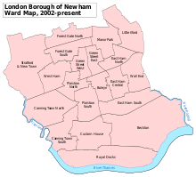 A map showing the wards of Newham since 2002 Newham London UK labelled ward map 2002.svg