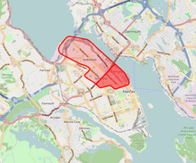 The boundary of the North End is not definite. The darker highlighted area marks the traditional definition of the district, while a modern broad definition includes everything north of the old bridge. Northend boundary.png