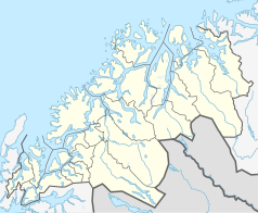 Mapa konturowa Tromsu, blisko centrum u góry znajduje się punkt z opisem „Katedra w Tromsø”