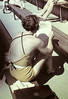 Woman wearing a swimsuit in swimming pool in Hungary in 1938. Olvaso no. Fortepan 714.jpg