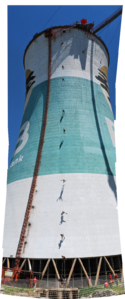Climber performing Australian rappel on Orlando Power Station cooling towers in Soweto, South Africa Orlando Power Station Cooling Towers Rap Jumping.png