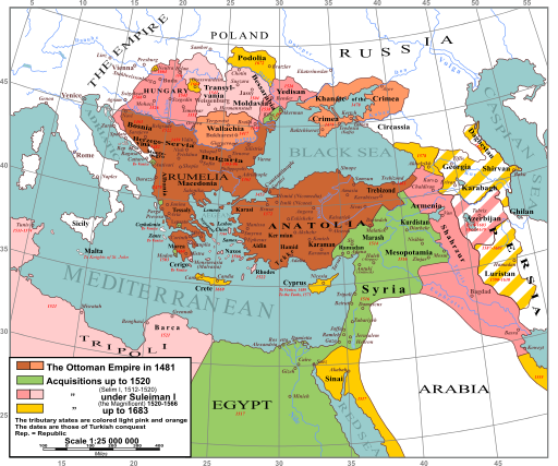 Expansion of the Ottoman Empire between 1481 and 1683 (excluding Algeria, Sudan, Hejaz, Asir and Yemen)