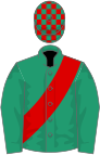 Emerald green, red sash, check cap