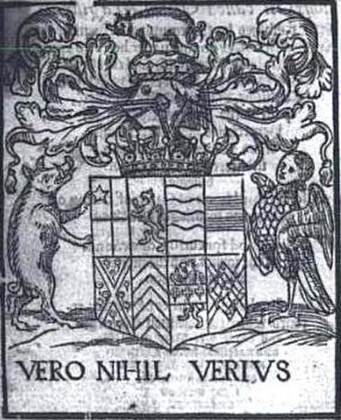 Coat of Arms of Edward de Vere from George Baker's The composition or making of the moste excellent and pretious oil called oleum magistrale (1574)
