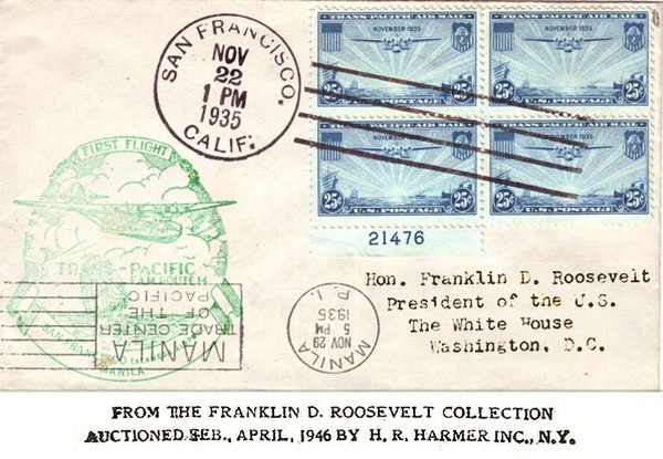 Cover flown on the "China Clipper" on the first commercial transpacific flight from Alameda, California, to Manila, Philippines (FAM 14) November 22–2