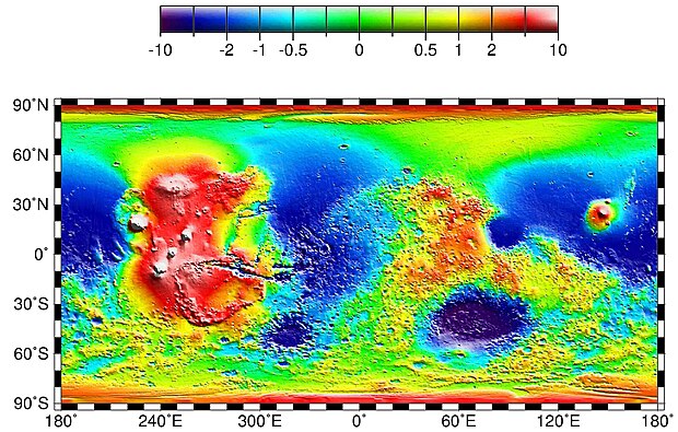 Global topography of Mars based on MOLA data. The Tharsis bulge is the large area at left (shown in shades of red and white). Amazonis and Chryse Planitiae are the blue areas left (west) and right (east) of Tharsis, respectively. In this image, the higher average elevation of the southern hemisphere (zonal spherical harmonic degree 1) has been removed to highlight the elevation contrast of Tharsis with the rest of the planet.