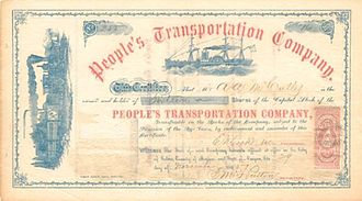 Stock certificate of the People's Transportation Company, issued to Asa A. McCully. PTCo stock cert 1865.jpg