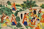 Миниатюра для Файл:Painting depicting Guru Ram Das and the story of Dukh Bhanjani - the leper husband of Bibi Rajani was cured by taking a dip in the pond. Attributed to Gian Singh Naqqash. Opaque watercolour on paper, Amritsar, early 20th century.jpg