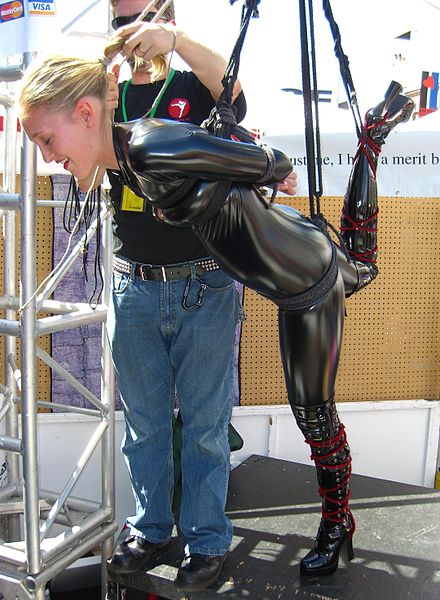 This bondage demonstration during Folsom Street Fair 2005 is a shibari style partial suspension.
