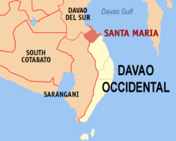 Mapa ng Davao Occidental na nagpapakita sa lokasyon ng Santa Maria.