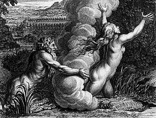 An engraving by Bernard Picart depicting a scene from Ovid's Metamorphoses in which Alpheus attempts to capture the nymph Arethusa.