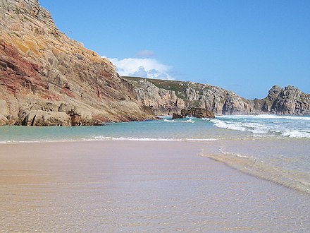 Cornwall is known for its beaches (Porthcurno Beach illustrated) and rugged coastline