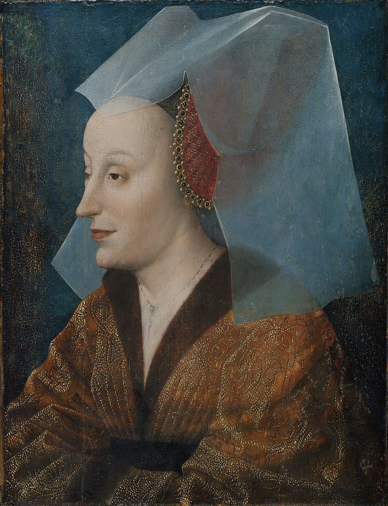 Probable portrait of Isabella of Portugal by an unknown northern artist in the mid-15th century. The woman's veil is transparent silk - most likely supplied by Giovanni di Nicolao Arnolfini