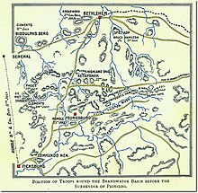 The Brandwater Basin in Orange Free State, South Africa, 1900. The position of the blocking British troops before the surrender of Prinsloo is shown. Position of troops round the Brandwater Basin before the surrender of Prinsloo, South Africa, 1900.jpg