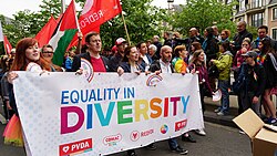 PTB/PVDA at Belgian Pride 2018, along with its student wing (Comac) and its youth wing (RedFox) Pride.be 2018 2018-05-19 15-28-03 ILCE-6500 DSC08392 (40428340160).jpg