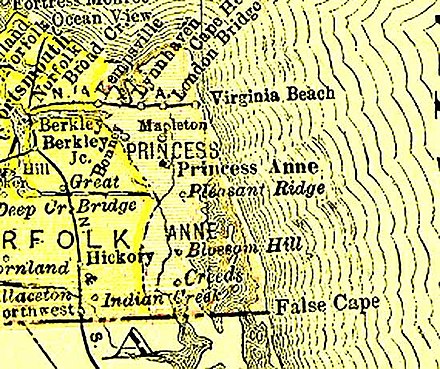Princess Anne County (1691–1963), now defunct, with Virginia Beach from 1895 Virginia map