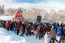 Russian Hindus celebrating Rath Yatra. Rath Yatra russia winter.jpg