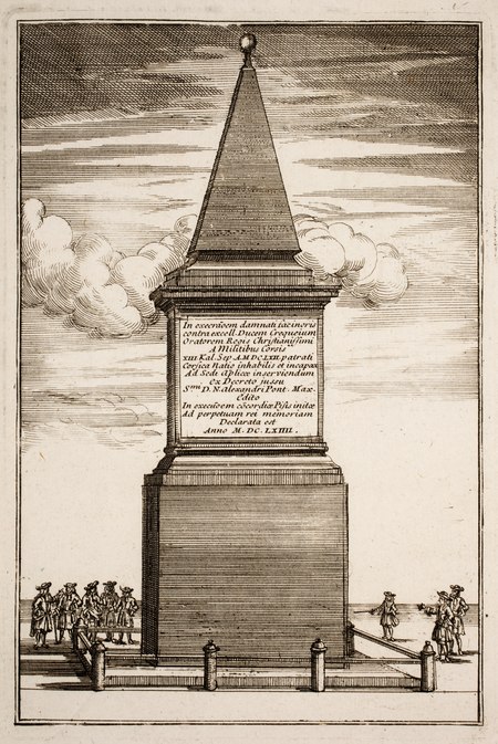 Monument in Rome at the location of the shooting of the French ambassador Charles III de Crequy by Pope Alexander's Corsican guards. Erected 1664, demolished 1668. Regnier-Desmarais-Histoire-des-demeslez-de-la-Cour-de-France-avec-la-Cour-de-Rome MG 0687.tif