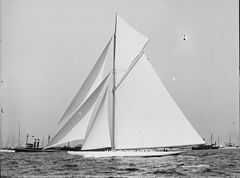 Reliance, a competitor in the 1903 America's Cup and the largest gaff rigged cutter ever built Reliance Crossing Finish Line.jpg