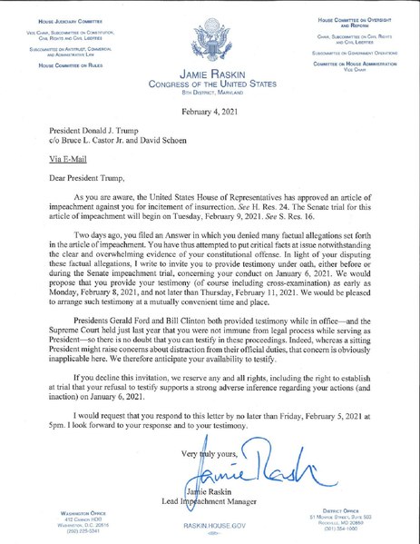 File:Request of the House of Representatives for the testimony of President Trump for the Second Impeachment Trial of former President Donald John Trump.pdf