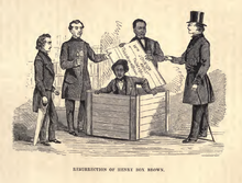 Henry Box Brown emerges from a box. Resurrection of Henry Box Brown.png