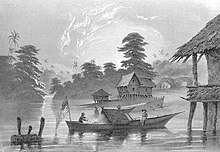 Chinese coolies at the river base of Jurong River in 1860. The gambier and pepper plantation is in the picture background. River Jurong, Singapore (c 1856) by Peter Berhard Wilhelm Heine and Eliphalet M Brown.jpg