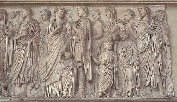 Ara Pacis: processional frieze showing members of the Imperial household (south face). Germanicus is the toddler holding Antonia Minor's hand.