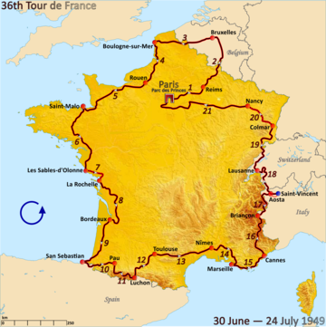 Route of the 1949 Tour de France followed counterclockwise, starting and finishing in Paris