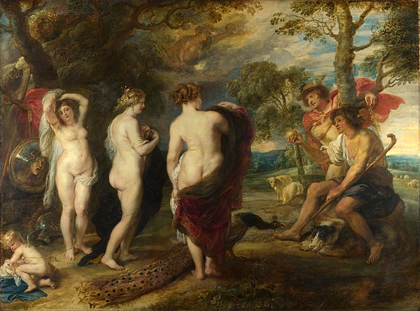 The Judgment of Paris by Peter Paul Rubens (c. 1636), depicting the goddesses Hera, Aphrodite and Athena, in a competition that causes the Trojan War.
