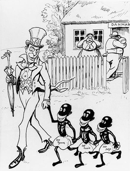 Caricature of the sale of the islands in the Danish magazine Klods-Hans, with the islands depicted as piccaninnies, a racial stereotype based on colonial attitudes of the time. The caption reads "The rich Mr Wilson (who has adopted the children for a hefty sum once and for all): 'Come on boys, we'll go and buy you some nice clothes and a gold watch with chain.'"