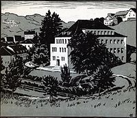 «Red School House».  Left: linocut by drawing teacher Otto Schmid, 1931. Right: 4th grade in the mercantile department, 1934/35