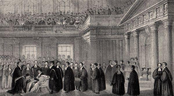 1842 in the Senate House, Cambridge: the Senior Wrangler, achiever of "academic supremacy" (here, Arthur Cayley), is admitted to his degree as the top