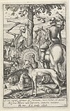 Скелет со стрелой и сокольничим среди животных. Офорт из серии «Скелеты животных». 1626