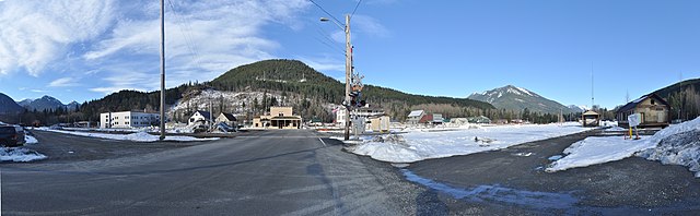 Panoramic view of downtown Skykomish, 2012. The former Maloneys General Store is straight ahead. Great Northern Depot is at extreme right. Each is on 
