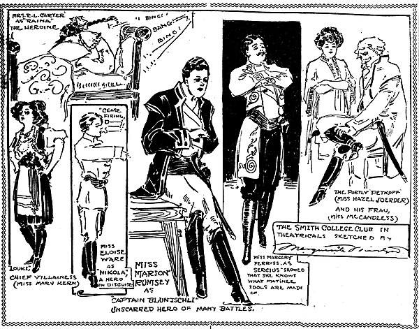Actors of the Smith College Club of St. Louis are sketched rehearsing for an all-woman amateur benefit performance of George Bernard Shaw's "Arms and 