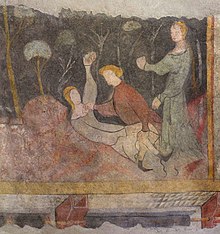 Theft of the mirror (Spiegelraub) in the Neidhart frescos from the house at Tuchlauben 19, Vienna. This motif occurs in several of Neidhart's songs