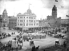 The intersection of Lydiard and Sturt streets, c. 1905, shows a bustling city of trams, horses and pedestrians.