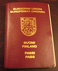 Front cover of a 1996–2006 EU-format machine-readable, non-biometric Finnish passport