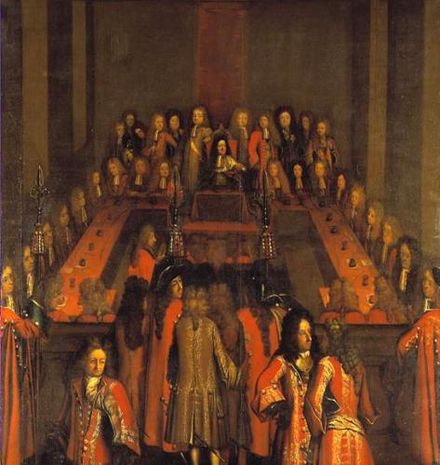 King Christian V presiding over the Supreme Court in 1697.
