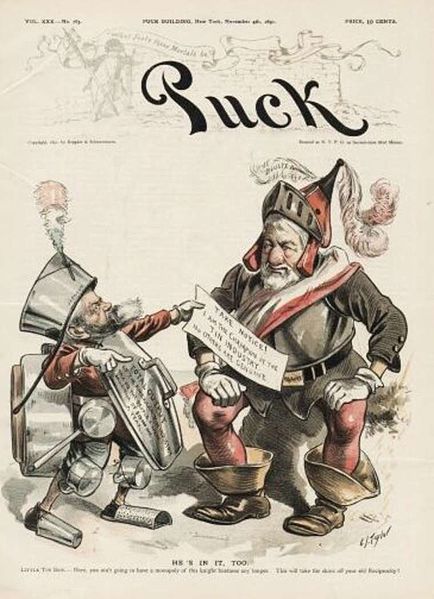 1890 cartoon portraying President Benjamin Harrison as a knight in tin armor