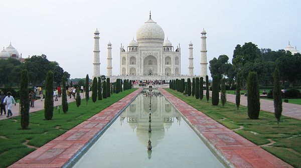 Seen from the side, the Taj Mahal has bilateral symmetry; from the top (in plan), it has fourfold symmetry.