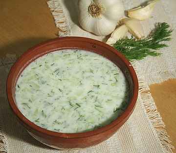Tarator is a cold soup made of yogurt, water, minced cucumber, dill, garlic, and sunflower or olive oil.